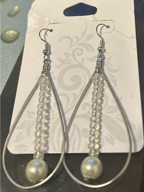 Silver Teardrop Pearl & Crystal Bead Earrings - Women Jewelry